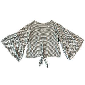 Lavender Field White & Gray Striped V-Neck Bell Sleeve Tie-Front Soft Top